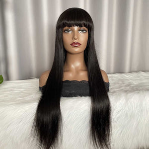 Cheaper Straight Hair  Wig 180% Density Virgin Human Hair Machine Made Wig With Bangs