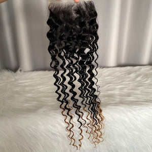 Deep Wave Human Hair Bundles with Lace Closure Frontal Color T1b/27
