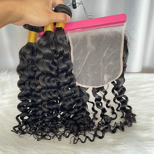 Indian Curly Human Hair Bundles with  Lace Closure Natural Color Virgin Hair