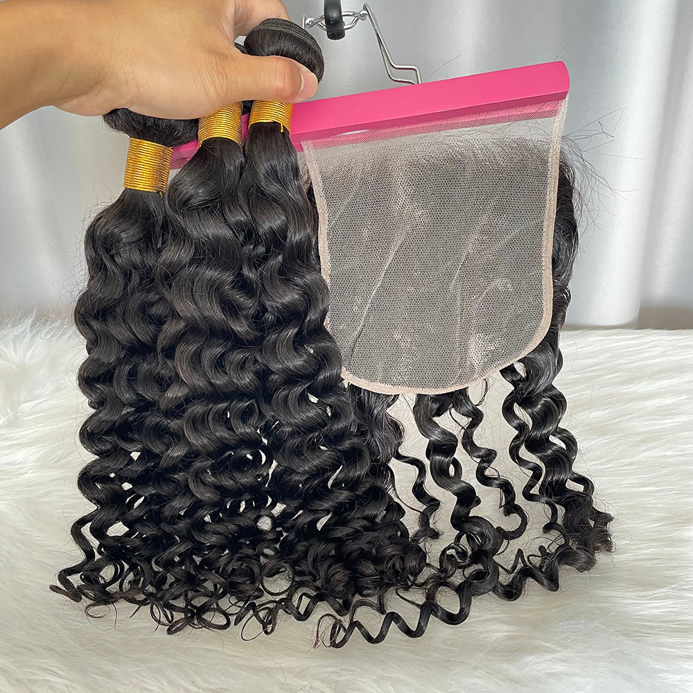 Indian Curly Human Hair Bundles with  Lace Closure Natural Color Virgin Hair