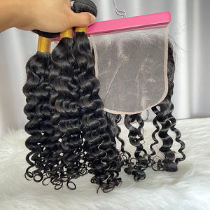 Indian Curly Human Hair Bundles with  Lace Closure Natural Color Virgin Hair