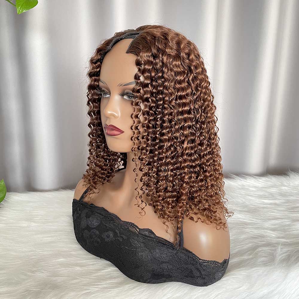 V Part Wig Jerry Curly Brown Human Hair Glueless Wigs