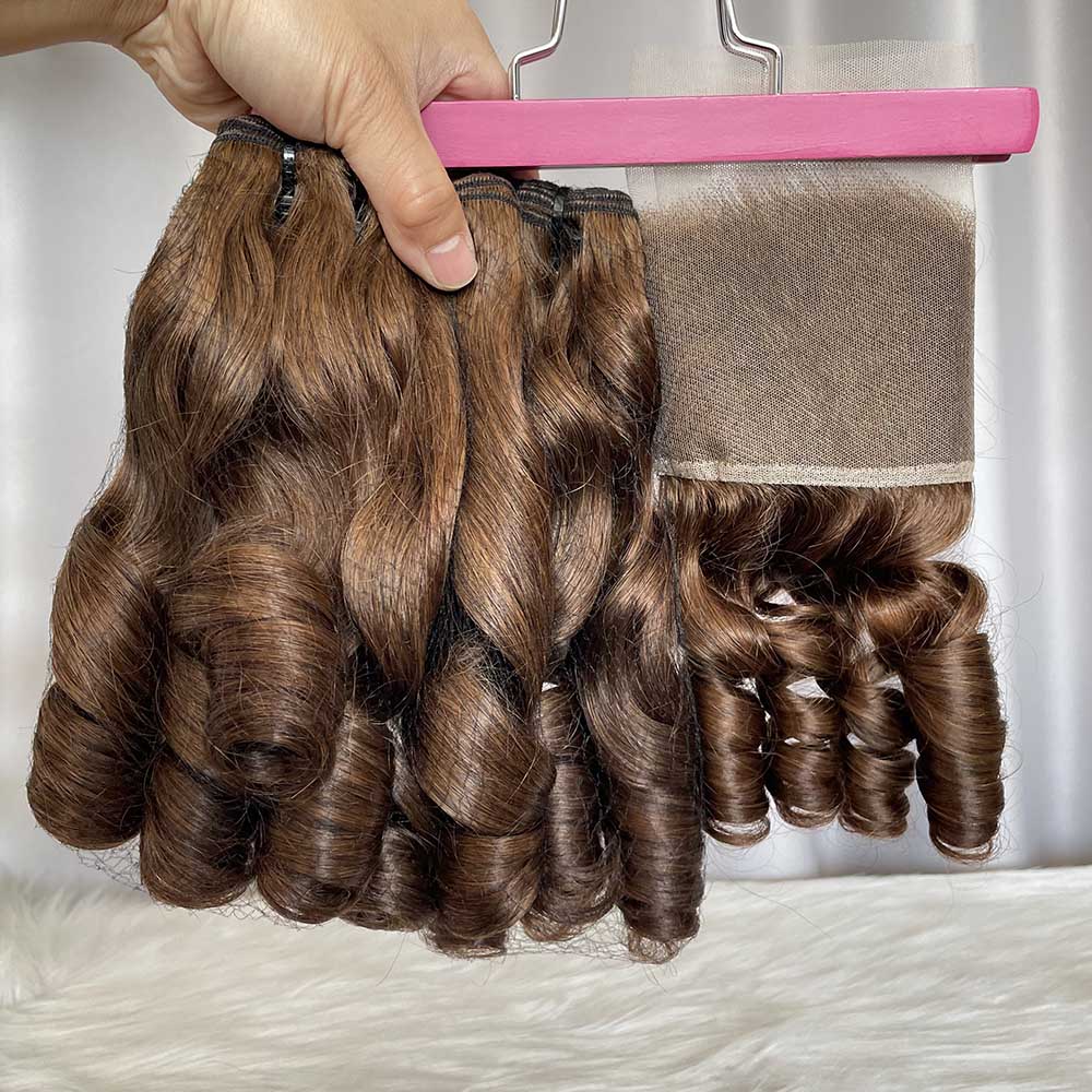 SDD Bouncy Curls Human Hair Bundles with Lace Frontal Brown Hair