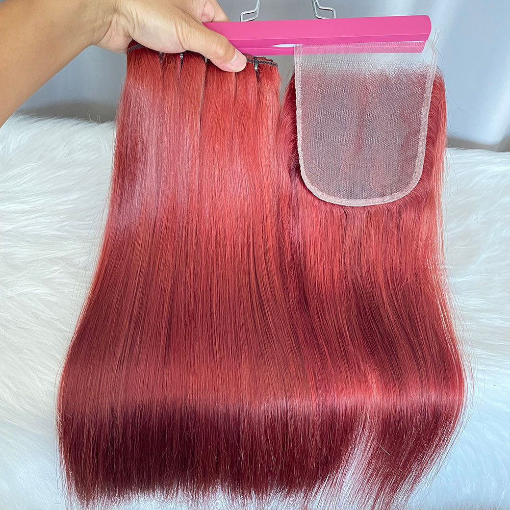 SDD Human Hair Bundles with 5x5 Closure Straight Double Drawn Hair Color 33