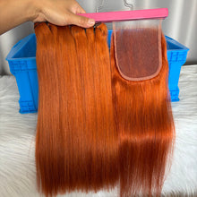 SDD Human Hair Bundles with Closure Straight Double Drawn Hair Color 350