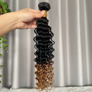 Deep Wave Human Hair Bundles with Lace Closure Frontal Color T1b/27
