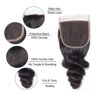 4x4 Lace Closure Loose Wave 100% Virgin Human Hair Closure Free Shipping