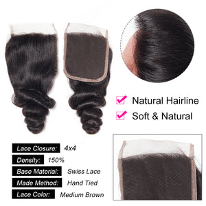 4x4 Lace Closure Loose Wave 100% Virgin Human Hair Closure Free Shipping