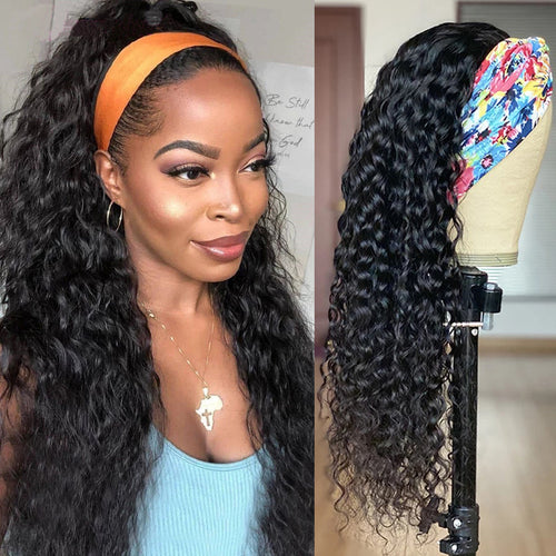 Water Wave Headband Wig 100% Human Hair Scarf Wig 200% Density Grade 10A