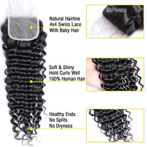 4x4 Lace Closure Deep Wave 100% Virgin Human Hair Closure Free Shipping