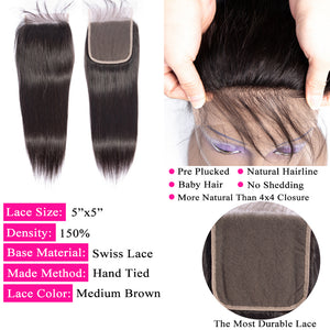 5x5 Lace Closure Straight 100% Virgin Human Hair Closure Free Shipping