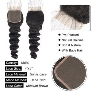 4x4 Lace Closure Loose Deep 100% Virgin Human Hair Closure Free Shipping