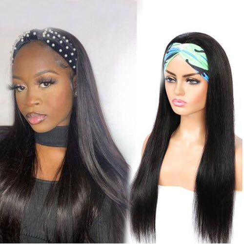 Straight Headband Wig 100% Human Hair Scarf Wig 200% Density Grade 10A