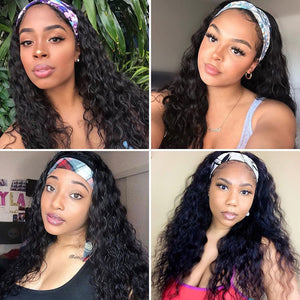 Water Wave Headband Wig 100% Human Hair Scarf Wig 200% Density Grade 10A